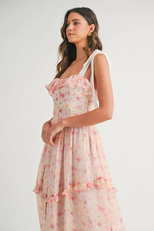 Floral Printed Shoulder Strap Midi Dress Dress