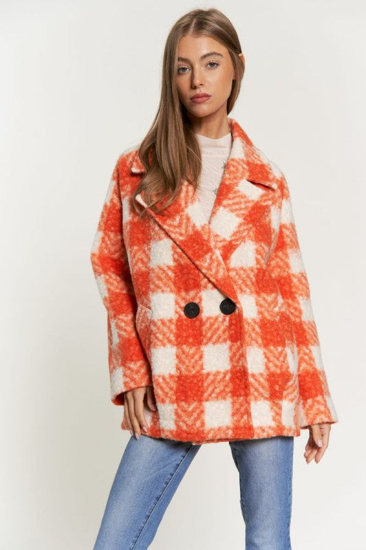 Fuzzy Boucle Textured Double Breasted Coat Jacket Orange Coat