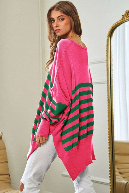 Multi Striped Elbow Patch Loose Fit Sweater Top Sweater