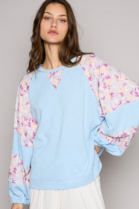 POL Round Neck Balloon Floral Long Sleeve Top Sky Blue Multi Top