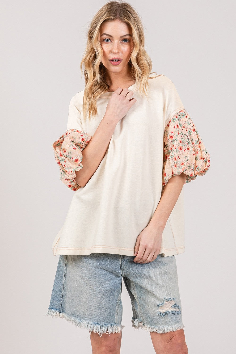 SAGE + FIG Round Neck Bubble Sleeve Oversize Top top