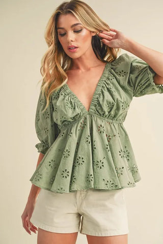 Eyelet Embroidered V-Neck Half Sleeve Peplum Blouse Tops