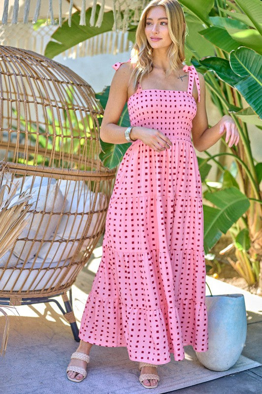 PRINTED SMOCKED RUFFLE MAXI DRESS Pink Dress
