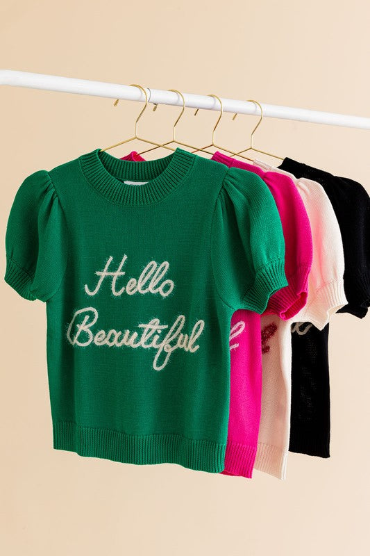 HELLO BEAUTIFUL SHORT SLEEVE SWEATER TOP Green Top