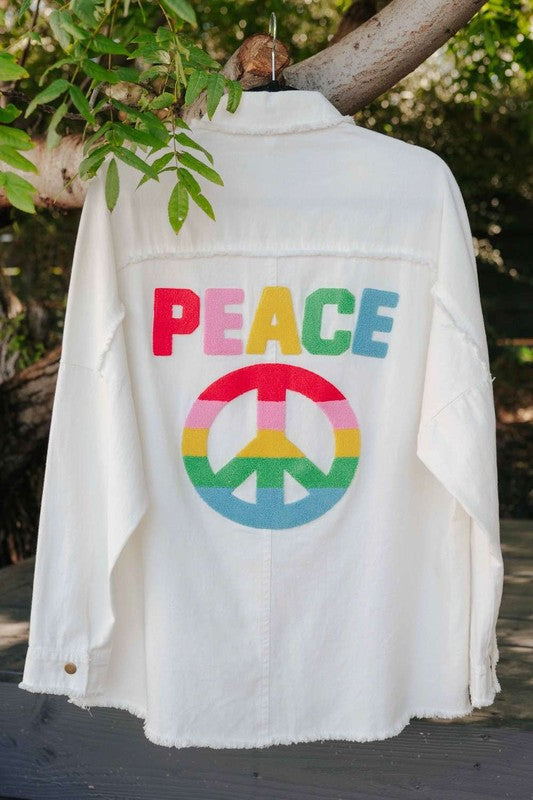 MULTI COLOR LETTERING PEACE SYMBOL BUTTON UP SHIRT Shirt