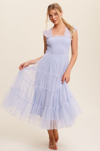Smocked Ruffle Tiered Mesh Midi Maxi Dress Dress