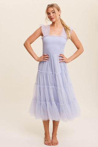 Smocked Ruffle Tiered Mesh Midi Maxi Dress Dress