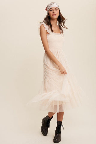 Smocked Ruffle Tiered Mesh Midi Maxi Dress Dress