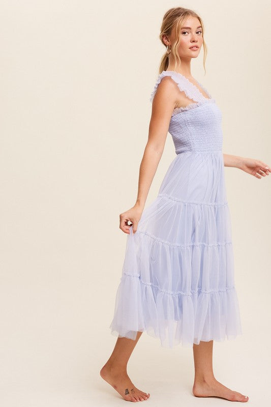 Smocked Ruffle Tiered Mesh Midi Maxi Dress Dress