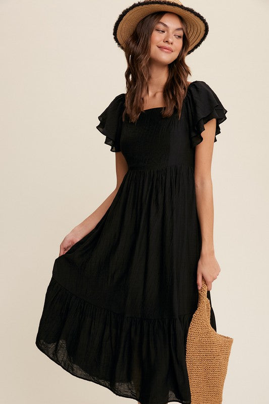 Square Neck Ruffled Short Sleeve Maxi Dress Black Dress