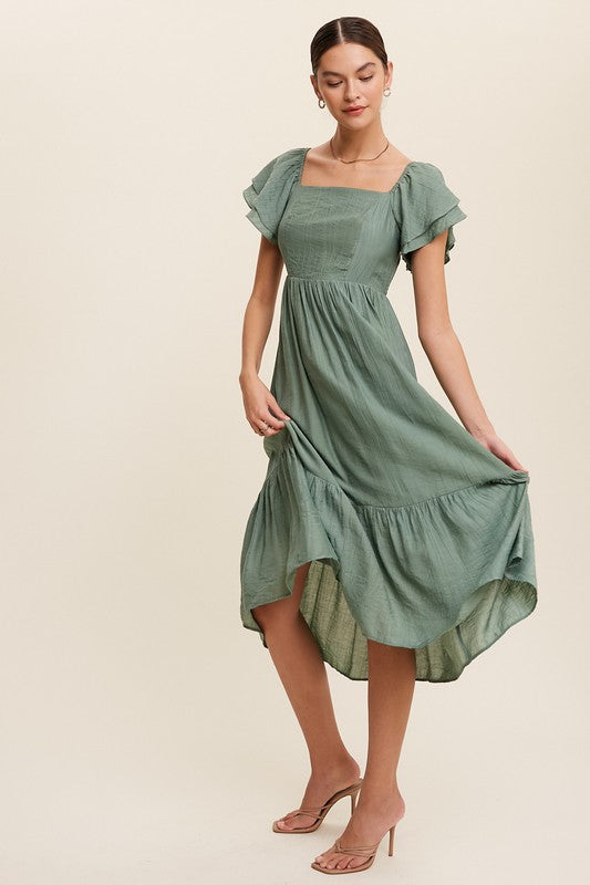 Square Neck Ruffled Short Sleeve Maxi Dress Green Dress