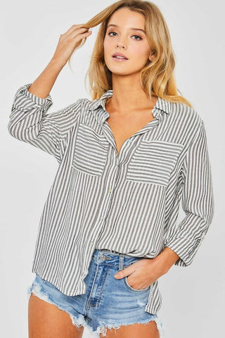 Striped Roll Up Sleeve Button Down Blouse Shirts BLACK S Top