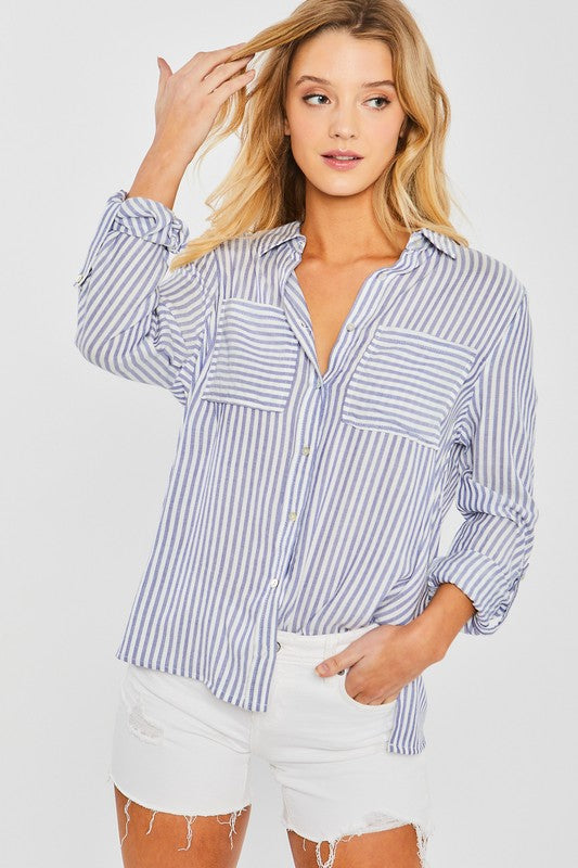 Striped Roll Up Sleeve Button Down Blouse Shirts BLUE S Top