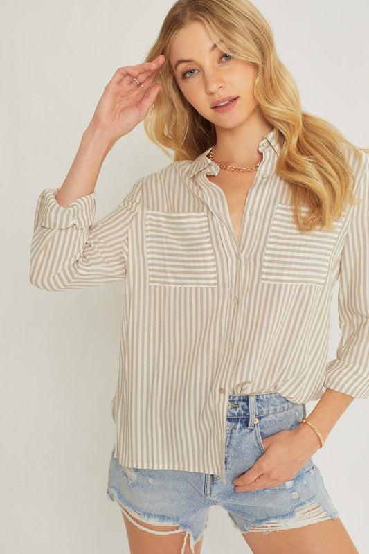 Striped Roll Up Sleeve Button Down Blouse Shirts TAUPE Top