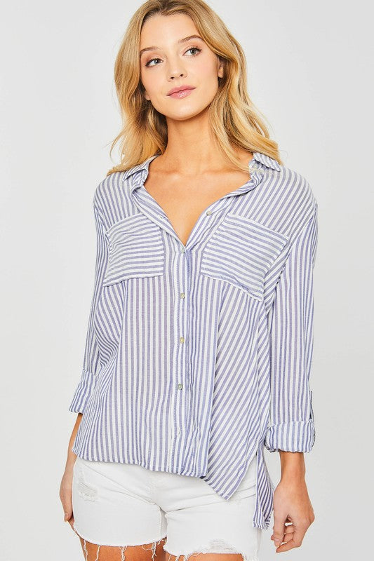 Striped Roll Up Sleeve Button Down Blouse Shirts Top