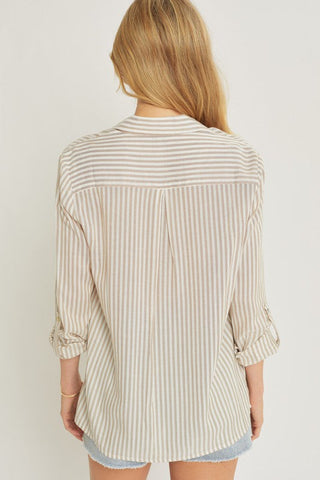 Striped Roll Up Sleeve Button Down Blouse Shirts Top