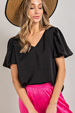 V Neck puff sleeve blouse top BLACK Top
