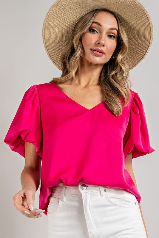 V Neck puff sleeve blouse top HOT PINK Top
