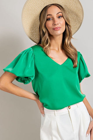 V Neck puff sleeve blouse top KELLY GREEN Top