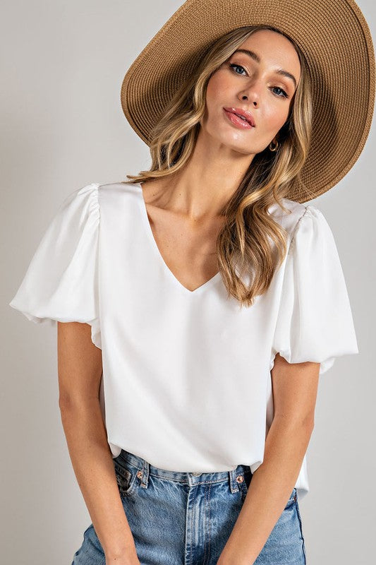 V Neck puff sleeve blouse top OFF WHITE Top