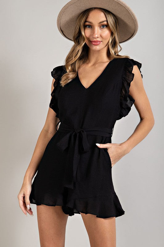 V Neck Ruffle Waist Tie Romper BLACK Jumpsuits and Rompers