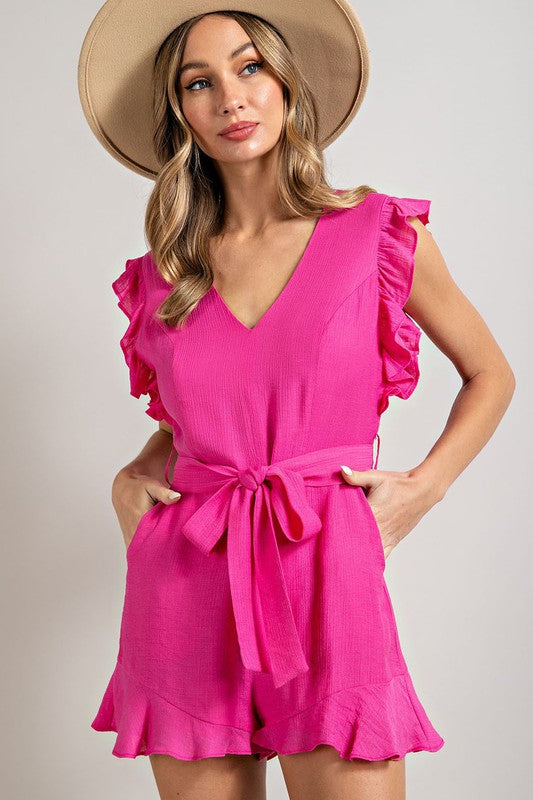 V Neck Ruffle Waist Tie Romper HOT PINK Jumpsuits and Rompers