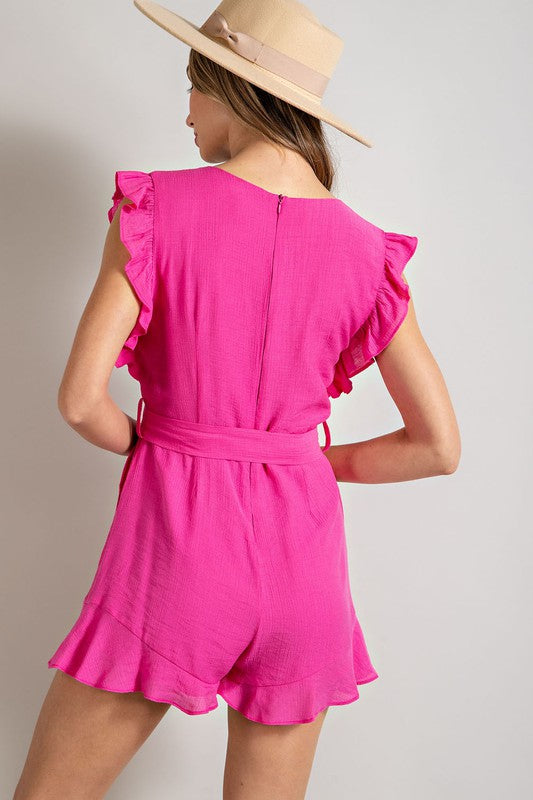 V Neck Ruffle Waist Tie Romper Jumpsuits and Rompers