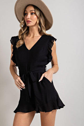 V Neck Ruffle Waist Tie Romper Jumpsuits and Rompers