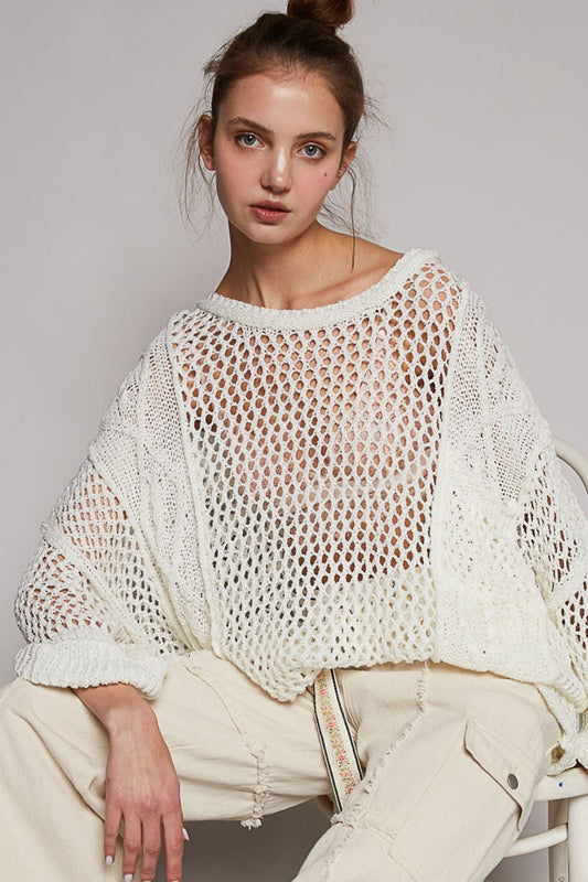 POL Openwork Long Sleeve Knit Cover Up Pure White top