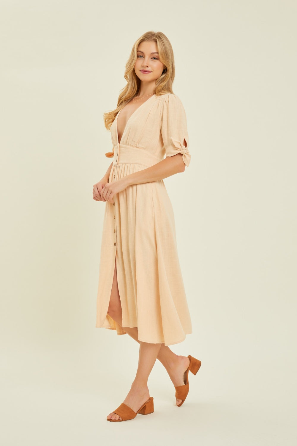 Full Size Textured Linen V-Neck Button-Down Midi Dress Dress