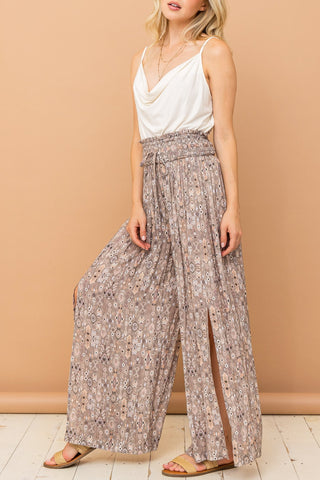 And The Why Printed Smocked Waist Slit Wide Leg Pants Pants