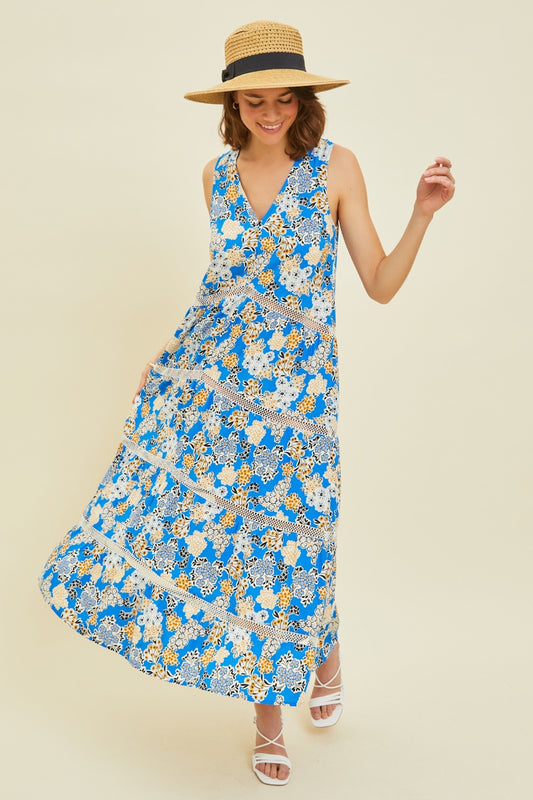 Full Size Printed Crochet Trim Maxi Dress Pool Blue Dress