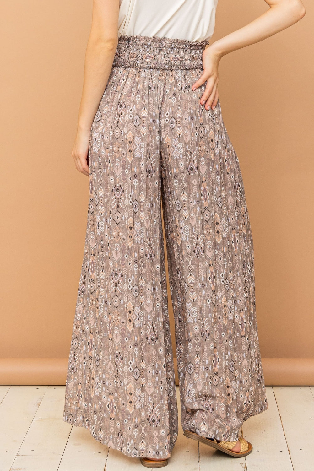 And The Why Printed Smocked Waist Slit Wide Leg Pants Pants