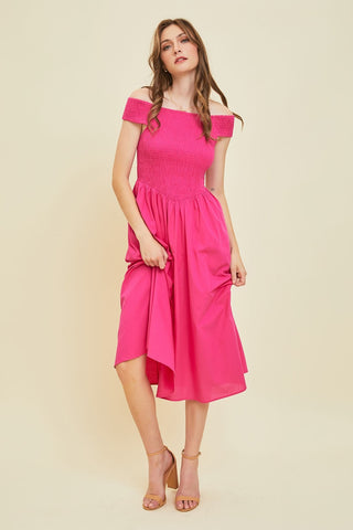 Off-Shoulder Smocked Midi Dress Dess