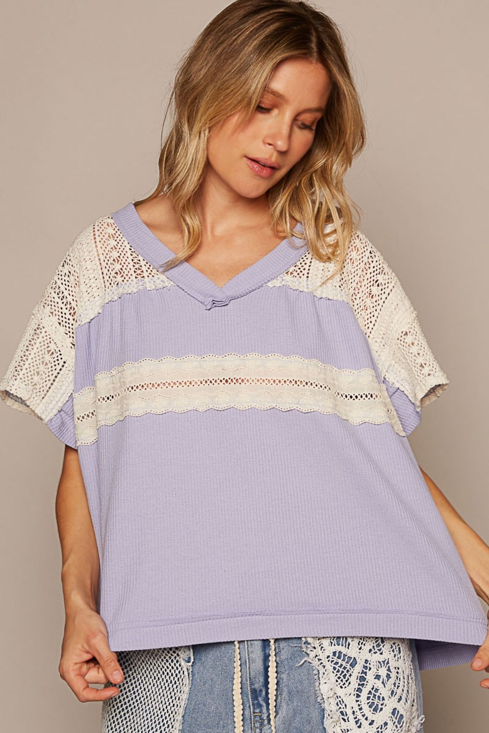 POL V-Neck Short Sleeve Crochet Detail Top Heather Lilac top