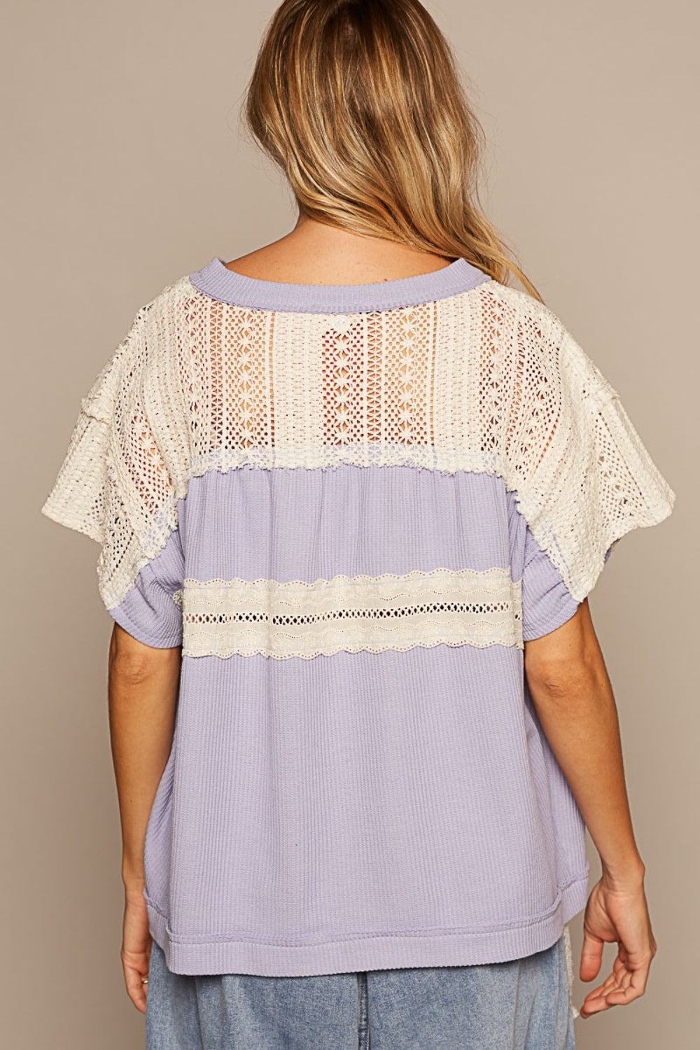 POL V-Neck Short Sleeve Crochet Detail Top top