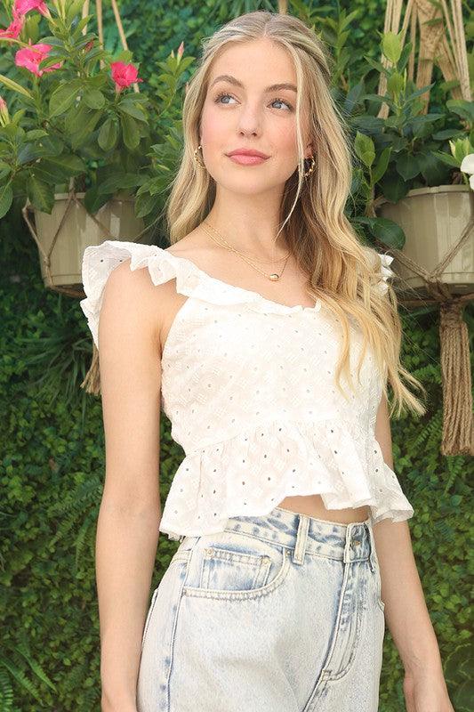 Ruffle Trim top with flare WHITE L Top
