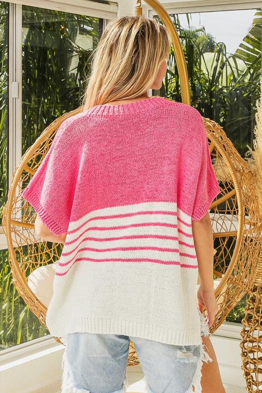 BiBi Contrast Stripe Short Sleeve V-Neck Sweater Sweater
