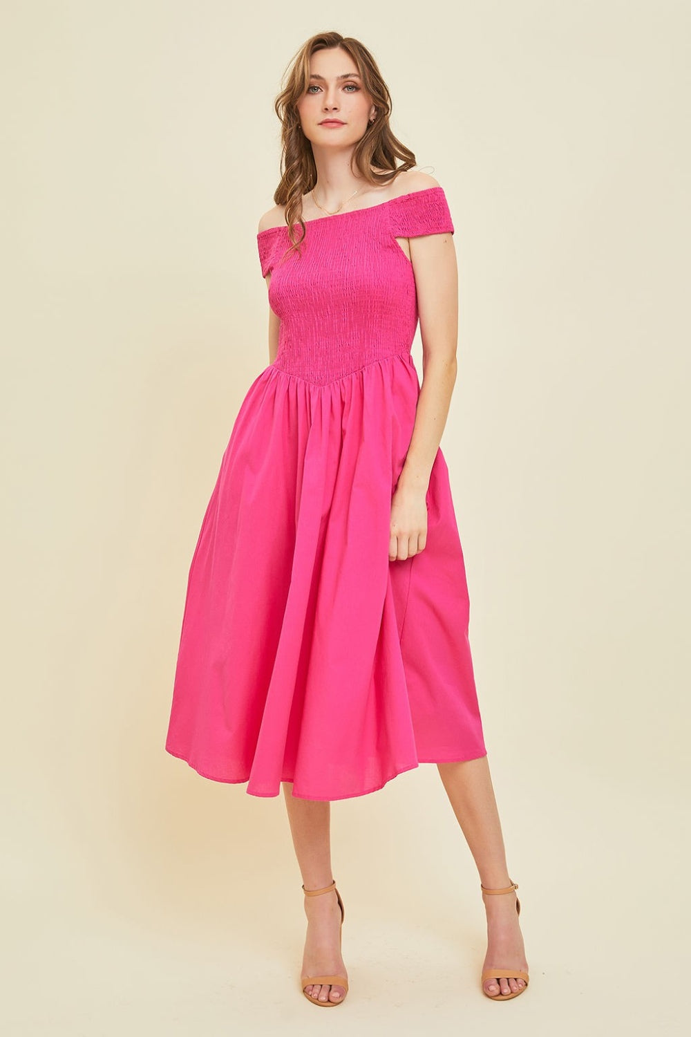 Off-Shoulder Smocked Midi Dress Fuchsia Dess