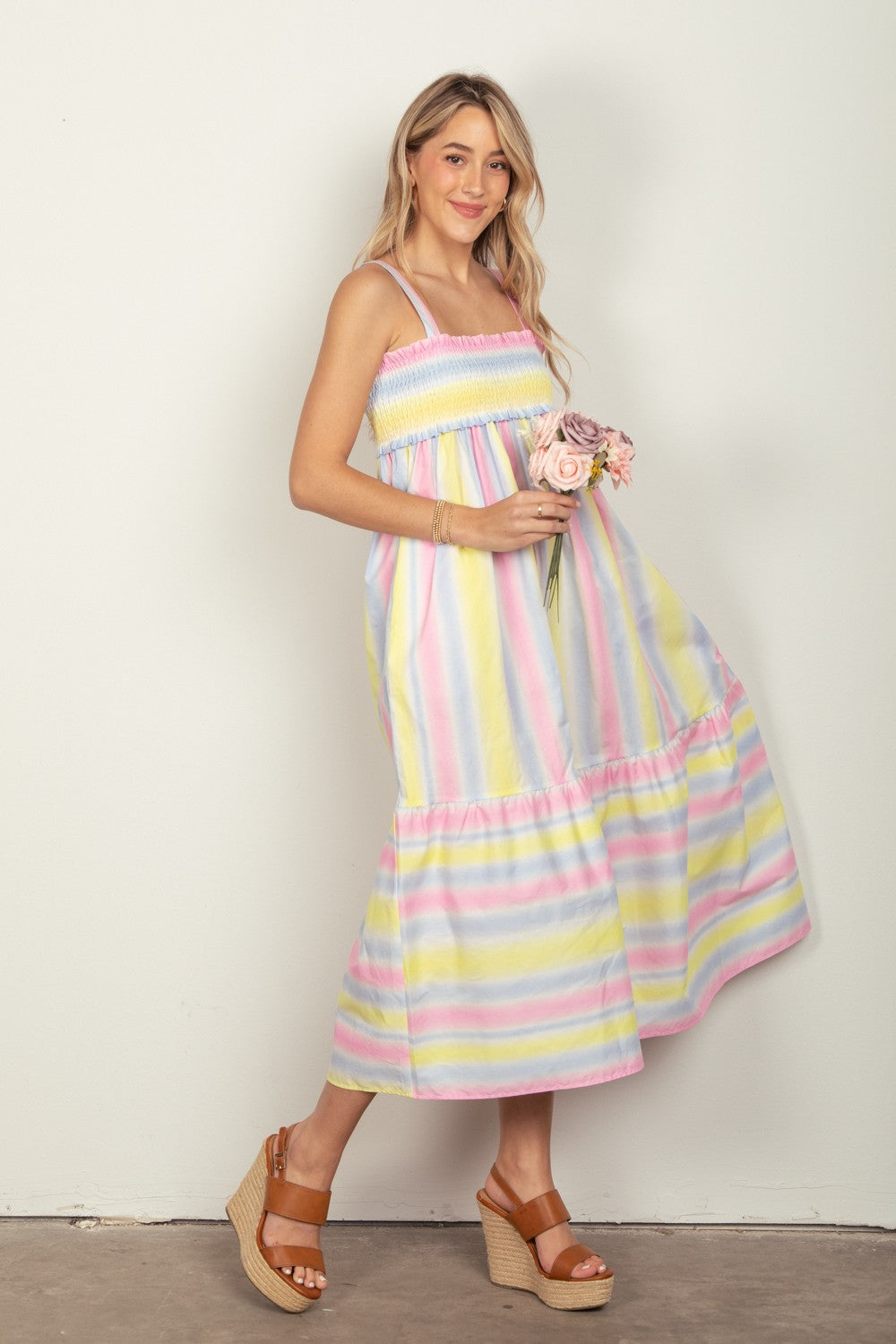 Striped Woven Smocked Midi Cami Dress Dress