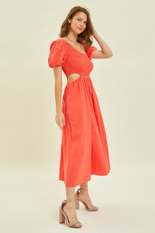 Smocked Cutout Midi Dress Cherry Red Dress