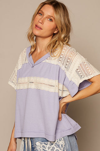 POL V-Neck Short Sleeve Crochet Detail Top top