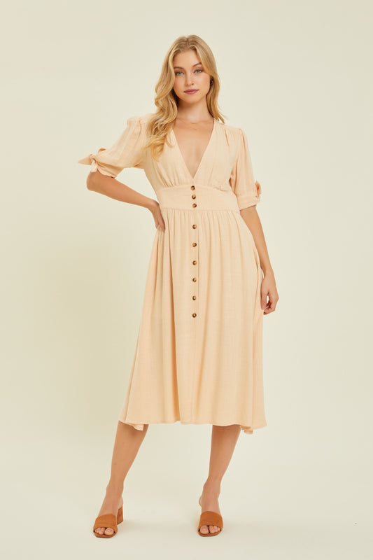 Full Size Textured Linen V-Neck Button-Down Midi Dress Cream Dress