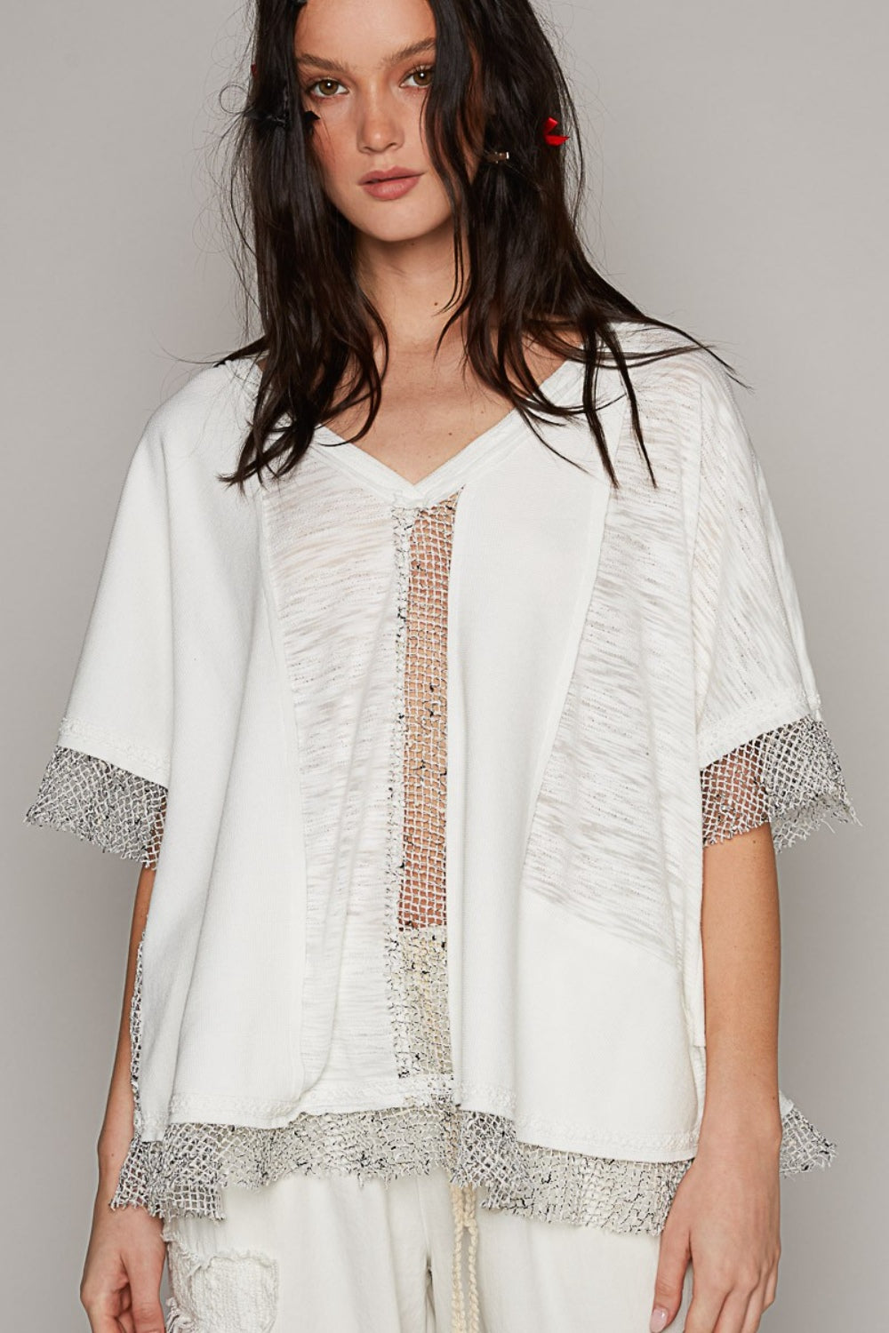 POL Openwork V-Neck Half Sleeve Top Off White top