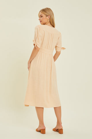 Full Size Textured Linen V-Neck Button-Down Midi Dress Dress