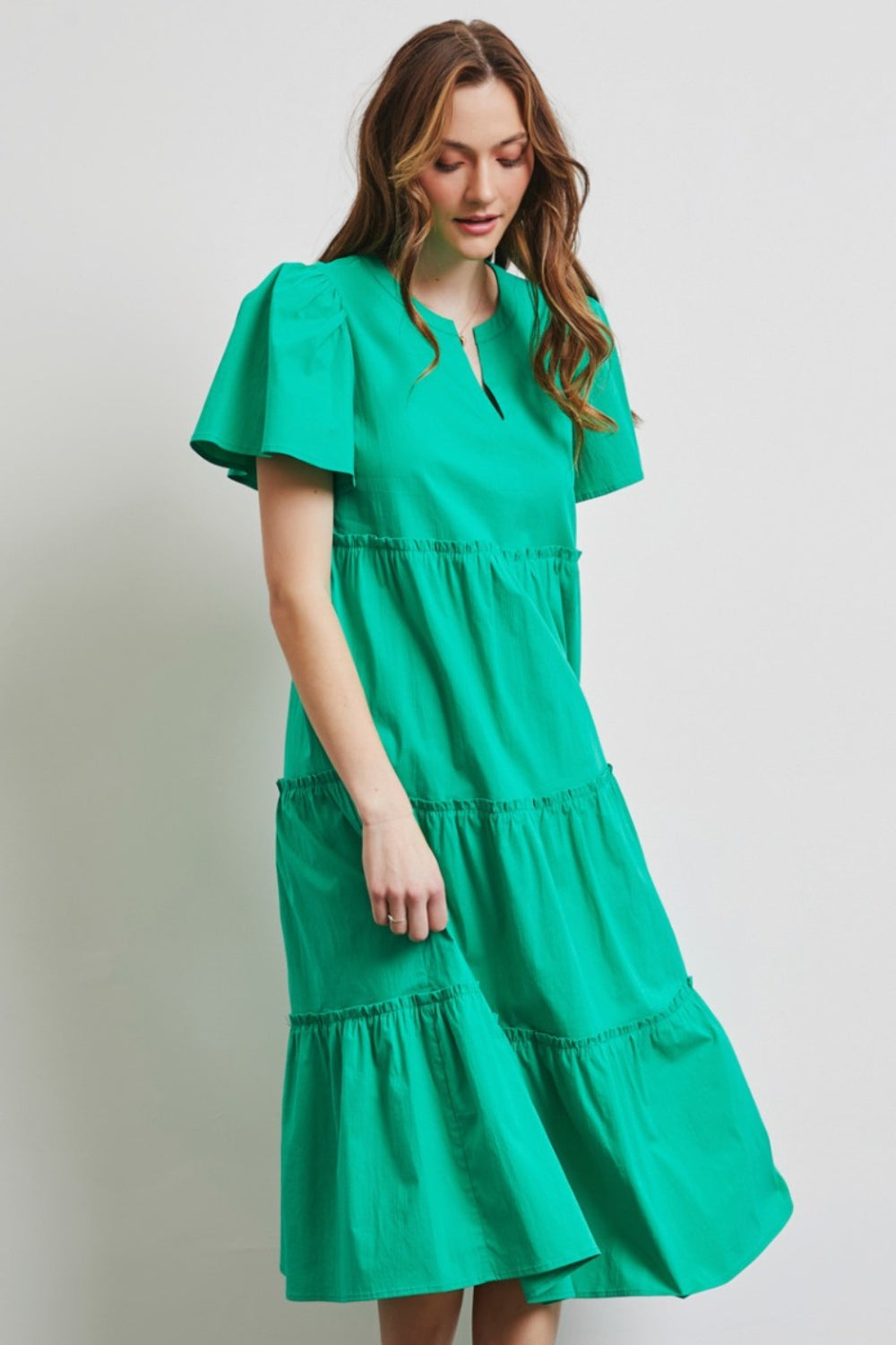 Full Size Cotton Poplin Ruffled Tiered Midi Dress Dress