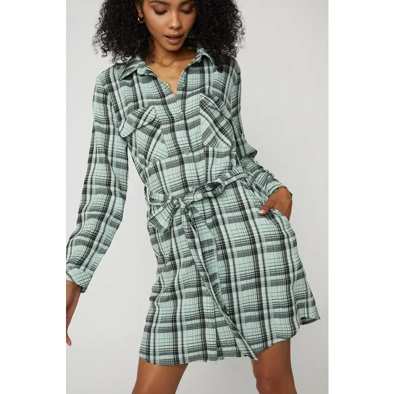 BELTED PLAID SHIRT DRESS Dress