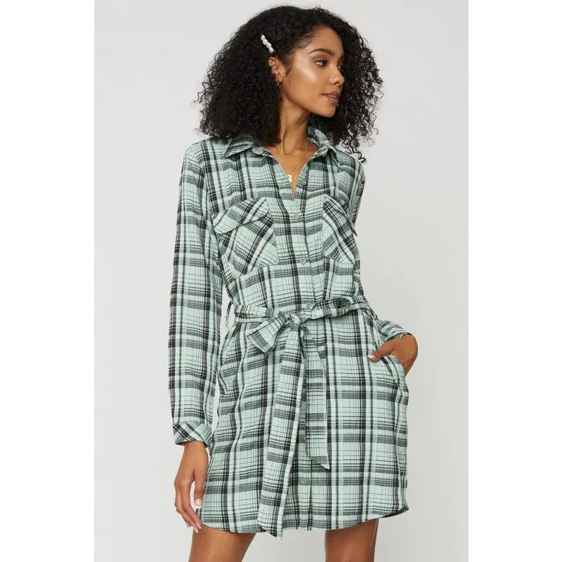 BELTED PLAID SHIRT DRESS Sage Black Dress