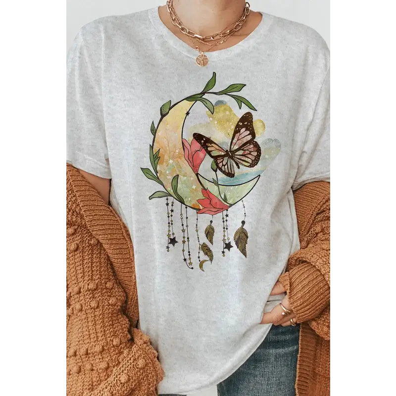 Boho Moon Flowers and Butterfly Graphic Tee Ash Graphic Tee