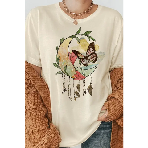 Boho Moon Flowers and Butterfly Graphic Tee Natural Graphic Tee